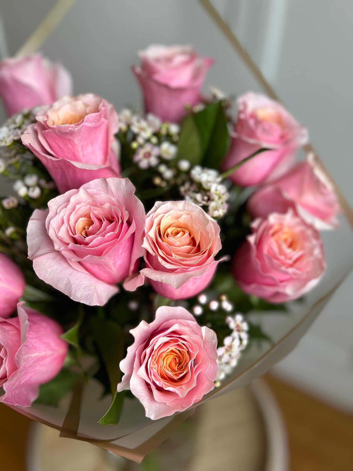 Flamingo Pink Dozen Roses Bouquet