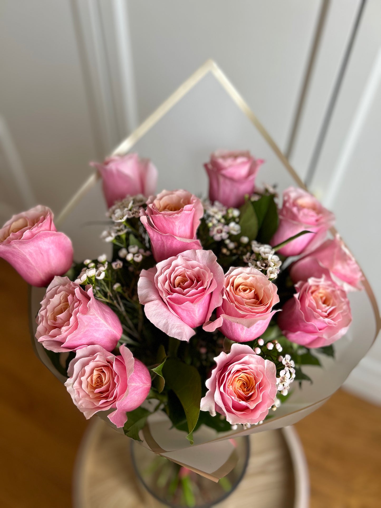 Flamingo Pink Dozen Roses Bouquet