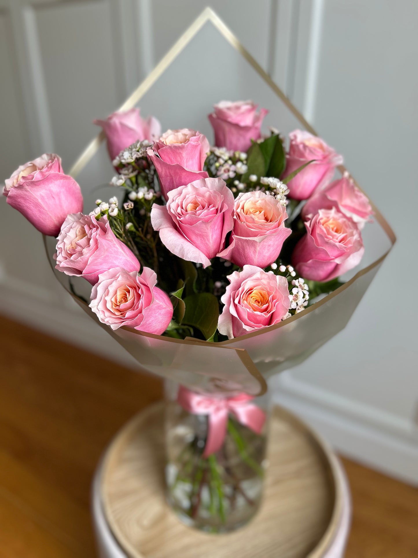 Flamingo Pink Dozen Roses Bouquet