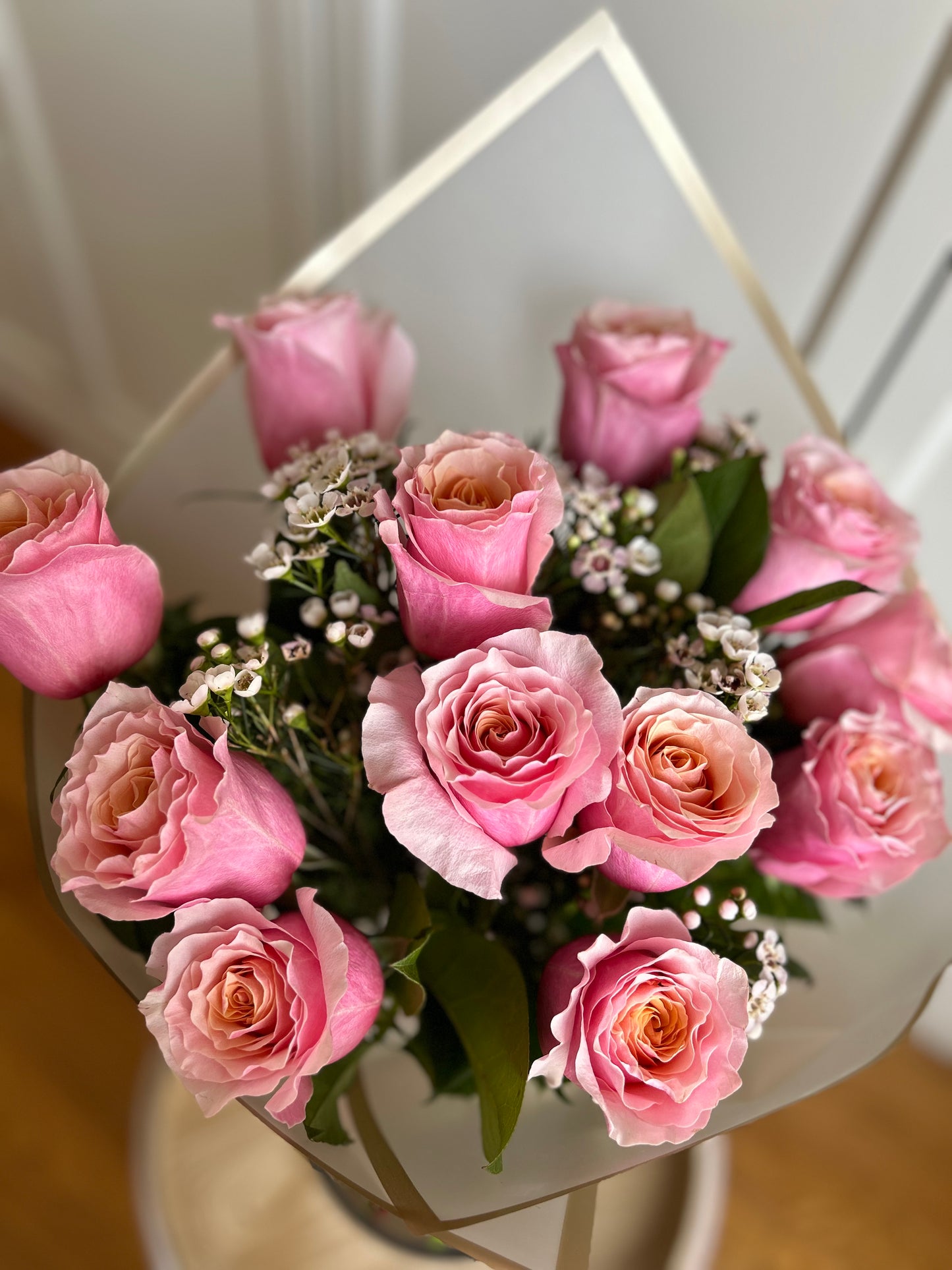 Flamingo Pink Dozen Roses Bouquet