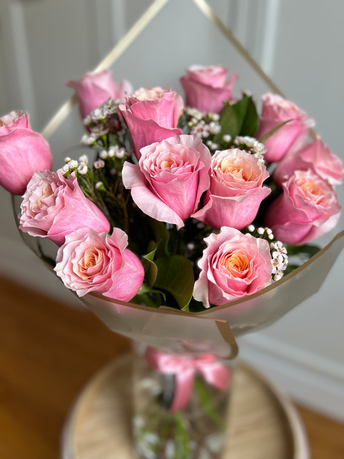 Flamingo Pink Dozen Roses Bouquet