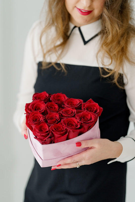 Velvet Heart Box with Red Roses