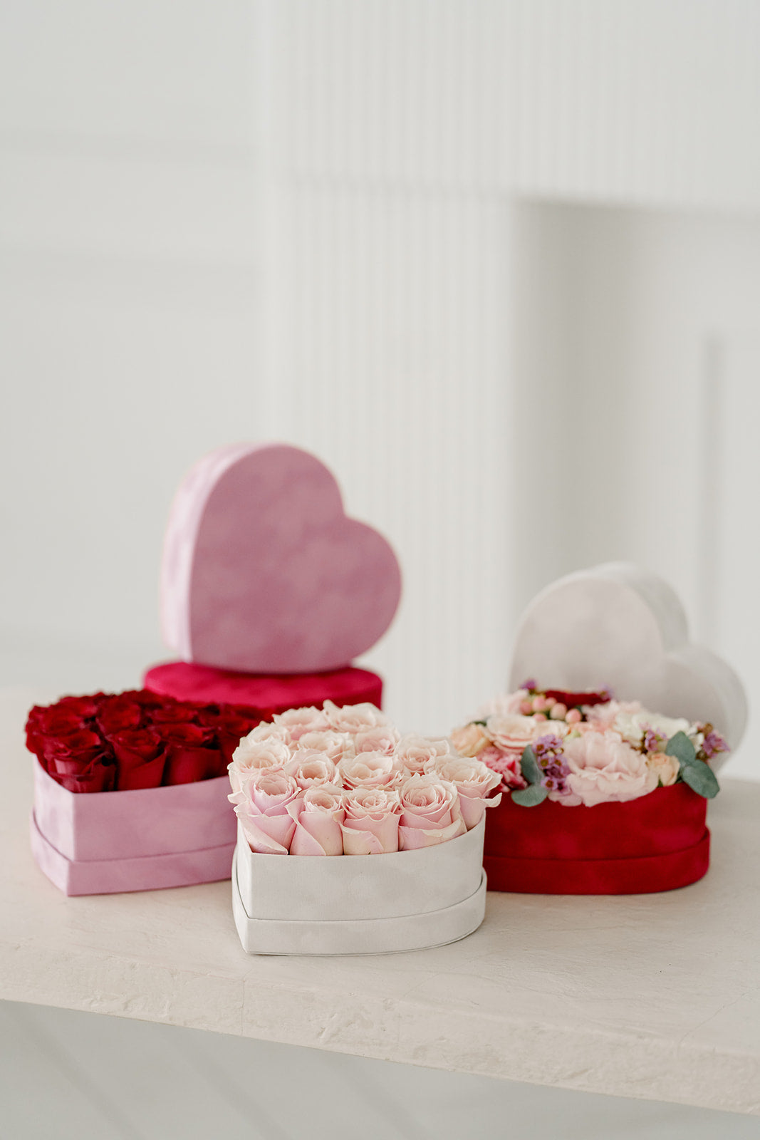 Velvet Heart Box with Pink Roses