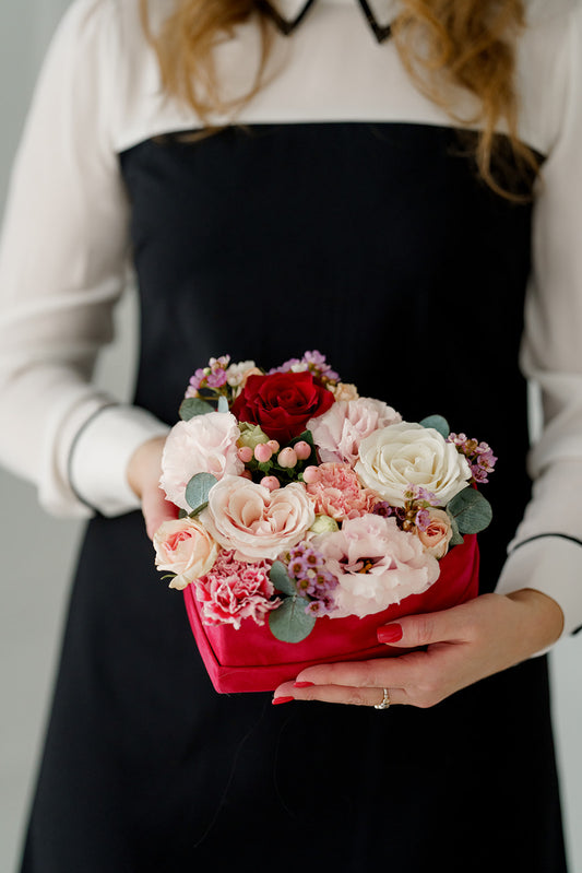 Velvet Heart Box with mix flowers